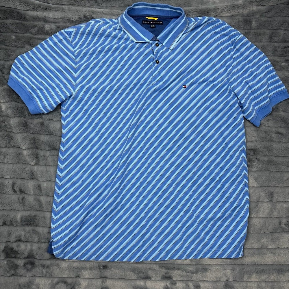Tommy Hilfiger Mens XL Blue Diagonal Stripe Short Sleeve Cotton Pique Polo Shirt